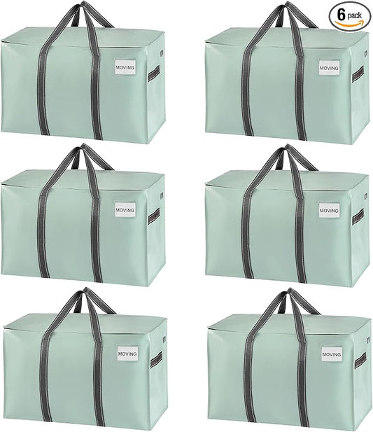 VENO 6 Pack Moving Bags and Large Christmas Storage Bins with lids. Alternative to Moving Boxes, Packing Supplies for College. Extra Large Heavy Duty Totes for Packaging (Shiny Light Green, 6 Pack)