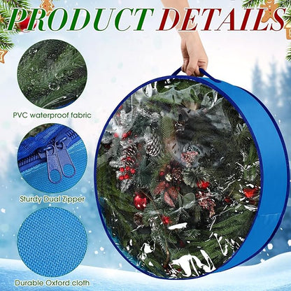 4 Pack Wreath Storage Container, 24 Inch Christmas Wreath Storage Box with Clear Window and Handles Upgrade Oxford Cloth Garland Bags with Dual Zipper for Xmas Wrapping, Blue