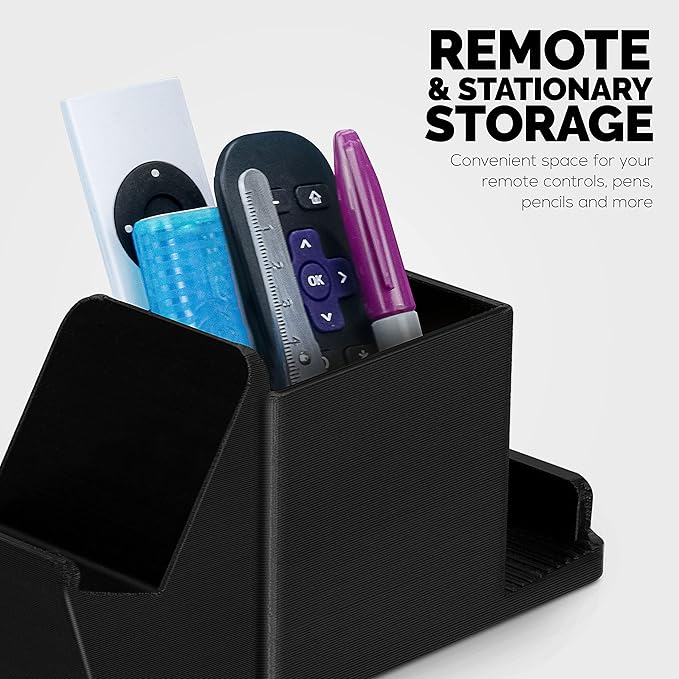 Desk Organizer with Game Controller Holder, Tablet Stand for iPads/iPhones, TV Remote & Pen Storage, Reduce Desktop Clutter, Have All Your Side Table Items in One Space (Black)