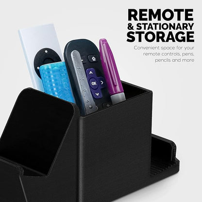 Desk Organizer with Game Controller Holder, Tablet Stand for iPads/iPhones, TV Remote & Pen Storage, Reduce Desktop Clutter, Have All Your Side Table Items in One Space (Black)