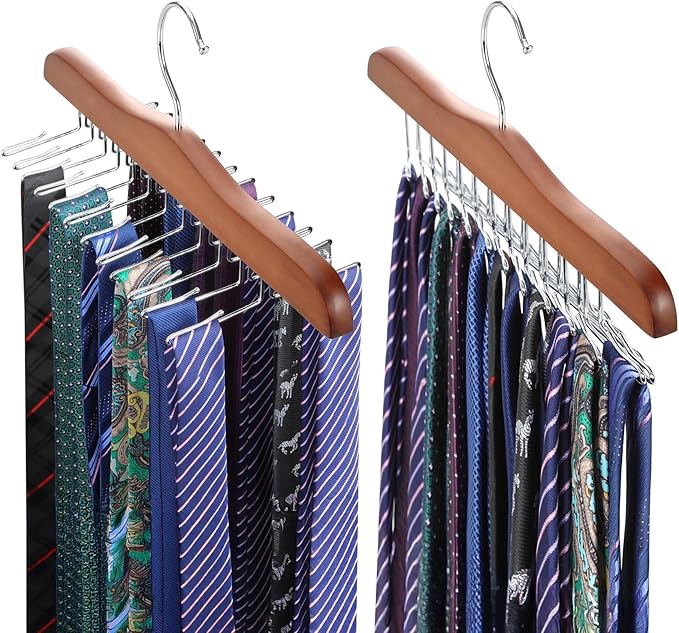 TOPIA HANGER Tie Rack Hanger for Closet, Wooden Tie Organizer for Men with 24 Folding Hooks, Space Saving Necktie Holder for Storage and Display Bra, Tank Top, Camisole (2-Pack), Walnut- CT14WA-2