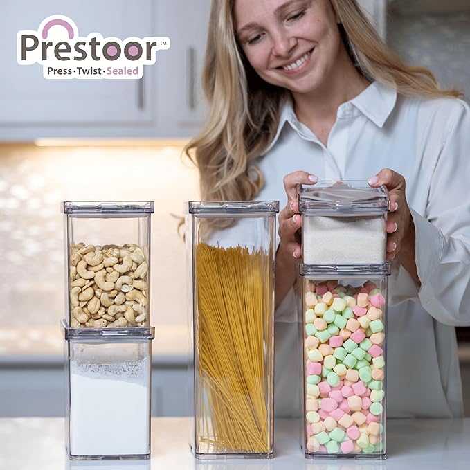 Prestoor 4-Pack Airtight Pantry Containers, 1.9 QT Clear SAN Food Storage Jars with Twist-Lock Lids, Detachable for Easy Cleaning, Stackable for Cereal, Pasta, Rice, Oats & Snacks White