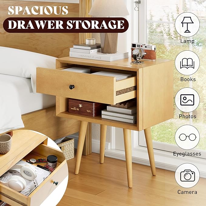 AMERLIFE Solid Wood Nightstand Set of 2, Fully Assembled End Table with Storage Drawer & Open Cubby, Mid-Century Modern Side Table for Bedroom, Natural