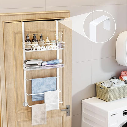 SWTYMIKI Over The Door Towel Racks for Bathroom - 5-Tier Wall Mounted Bathroom Towel Storage Organizer Holder with Metal Shelf, White