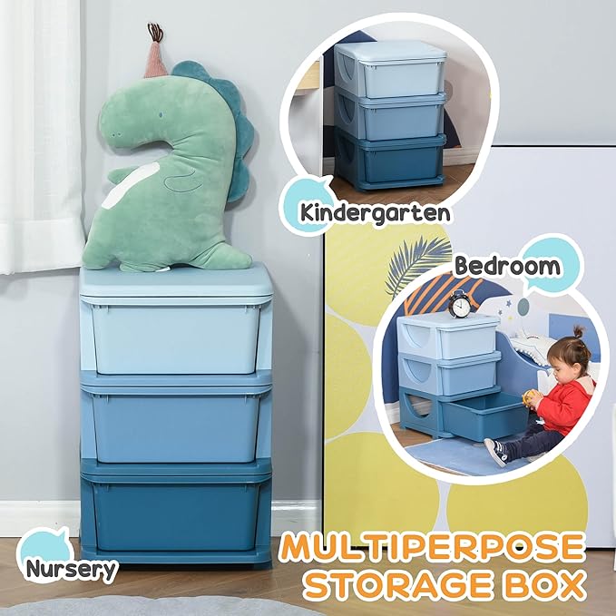 Qaba 3 Tier Kids Storage Unit, Toy Organizers and Storage with 3 Drawer Chest for Kids Bedroom Nursery Kindergarten Living Room for Boys Girls Toddlers, Blue