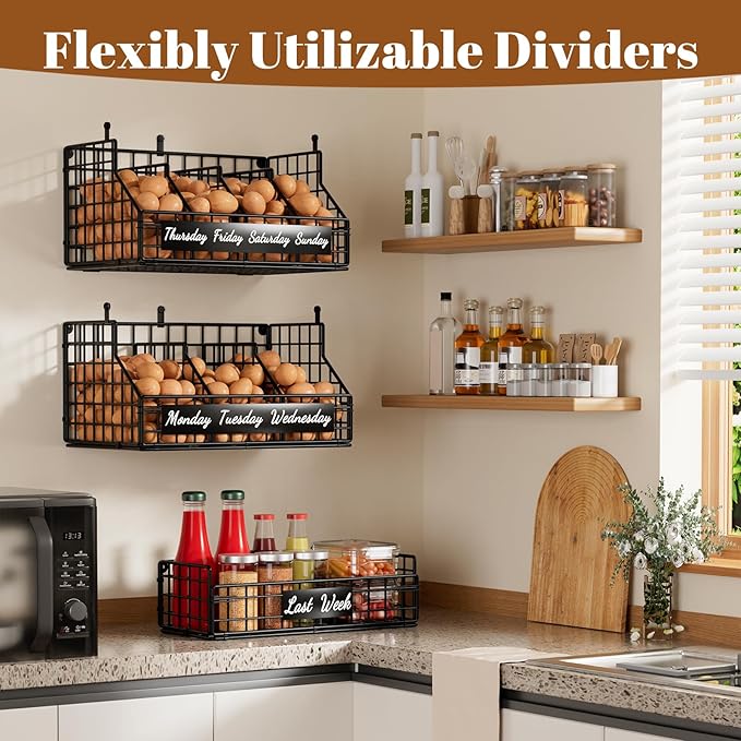 Egg Basket for Countertop, Egg Holder Countertop with 5 Dividers & Labels, 3 Tier Stackable Wire Storage Baskets to Keep Eggs Organized, Egg Organizer Decorative Rack for Kitchen & Home, Black