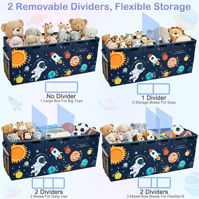 Unicorn Castle Toy Box with Adjustable Divider Toy Chest Storage Large Toy Storage Organizer Bin Collapsible with Lid Pockets for Nursery Playroom,Blue Astronaut