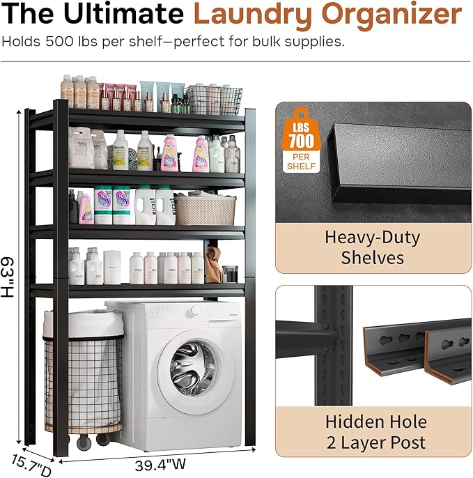 Over The Washer and Dryer Storage Shelf, 4-Tier Heavy Duty Laundry Room Organizer Standing Shelf with Anti-Tip, Space Saving Rust Proof Shelving for Bathroom, Balcony (63" H*39.4" W*15.7" D)