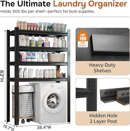 Over The Washer and Dryer Storage Shelf, 4-Tier Heavy Duty Laundry Room Organizer Standing Shelf with Anti-Tip, Space Saving Rust Proof Shelving for Bathroom, Balcony (63" H*39.4" W*15.7" D)