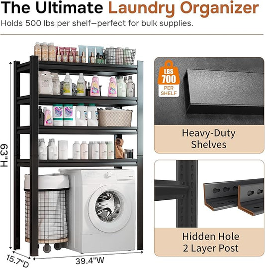 Over The Washer and Dryer Storage Shelf, 4-Tier Heavy Duty Laundry Room Organizer Standing Shelf with Anti-Tip, Space Saving Rust Proof Shelving for Bathroom, Balcony (63" H*39.4" W*15.7" D)