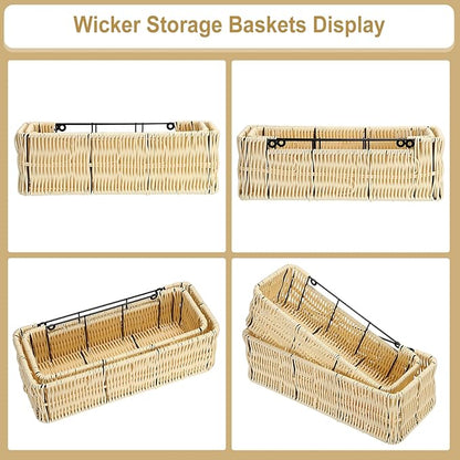 OwnMy Plastic Wicker Hanging Basket for Kitchen, Set of 2 Wall Storage Baskets Hanging Fruit Vegetable Basket for Kitchen Cabinet Pantry Organizing, Bathroom Toilet Paper Storage Baskets Organizers