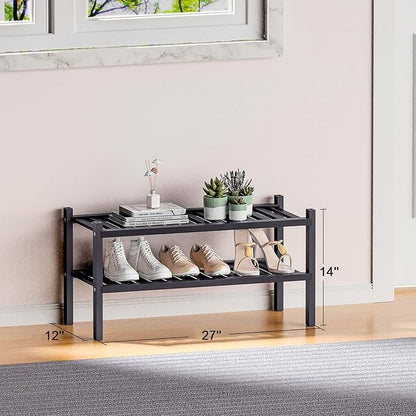 2 Tier (Thick) Bamboo Shoe Rack for Closet Free Standing Wood Shoe Shelf for Entryway Small Space Stackable 27"x12"x14" (Black)