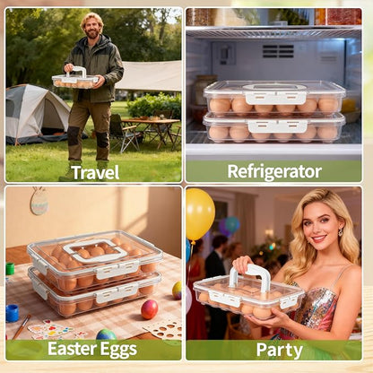 Deviled Egg Containers with Lid, 2 Pack Thick Clear Plastic Deviled Carrier with Handle Storage 48 Eggs, Stackable Egg Holder Portable Tray Platter for Fridge, Travel, Party-White