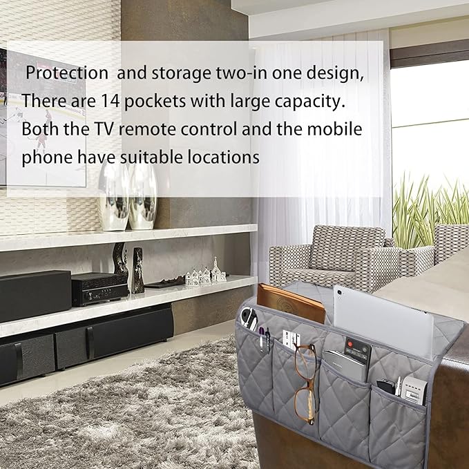 Benuomi Sofa Armrest Organizer, Remote Control Holder, Waterproof Armchair Caddy with 14 Pockets for TV Remotes