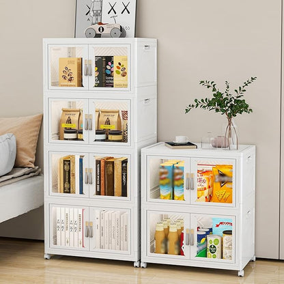 Vavkorkula Large Clear Stackable Storage Bins with Lids, 180QT-45QT*4Tier Foldable Cabinet for Closet Organizers, Plastic Storage Box with Wheels White