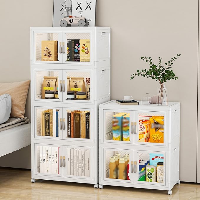 Vavkorkula Large Clear Stackable Storage Bins with Lids, 90QT-45QT*2Tier Foldable Cabinet for Closet Organizers, Plastic Storage Box with Wheels White