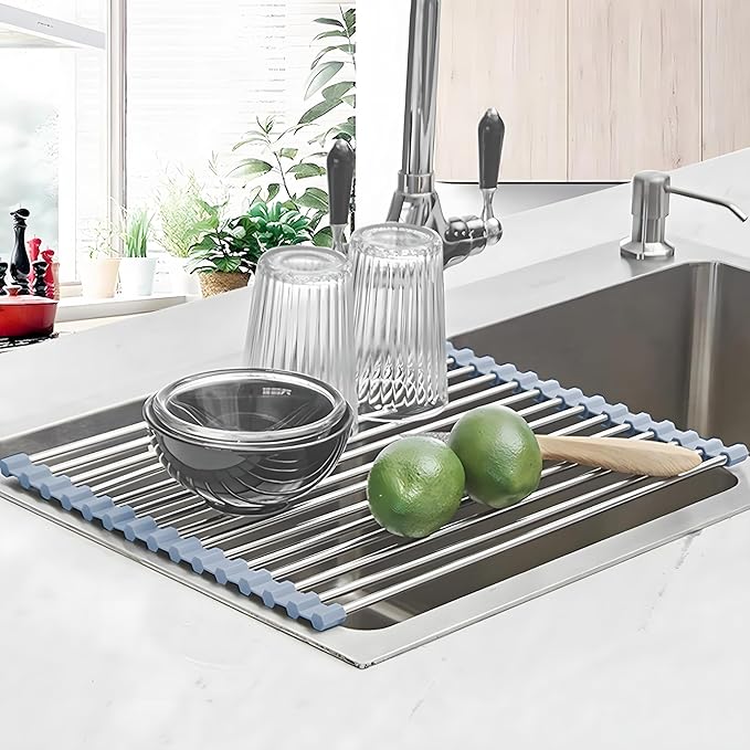 Roll up Dish Drying Rack Over The Sink Kitchen Roll up Sink Drying Rack Portable Dish Drainer Foldable Dish Drying Rack (Grey, (37 * 30) CM)