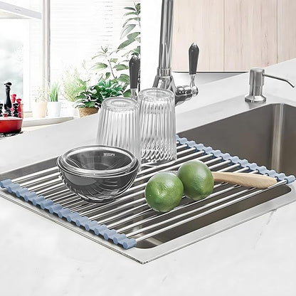 Roll up Dish Drying Rack Over The Sink Kitchen Roll up Sink Drying Rack Portable Dish Drainer Foldable Dish Drying Rack (Grey, (37 * 30) CM)