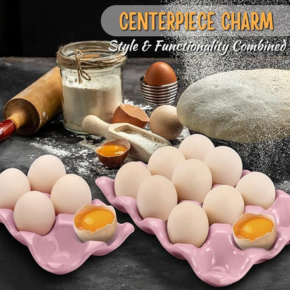 Flexzion 12 + 6 Cups Ceramic Egg Holder for Fridge - 18 Porcelain Egg Tray Container Keeper Storage Organizer Decorative Serving Stand Serveware for Refrigerator Countertop Display Kitchen (Pink)