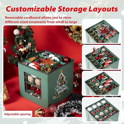 Christmas Ornament Storage Box with Lid - Holds 64 Ornaments, Large Sturdy & Foldable Organizer Case for Holiday Decor 11.8x11.8x11.8 Inch