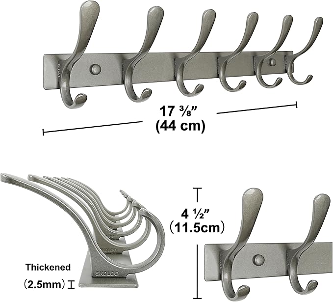 SKOLOO Coat Rack Wall Mounted - 6 Hooks, Pack of 2, Heavy Duty, Stainless Steel, Metal Wall Hanger, Sturdy Coat Hooks for Hanging Coats, Jacket, Clothes, Hat, Matte Grey