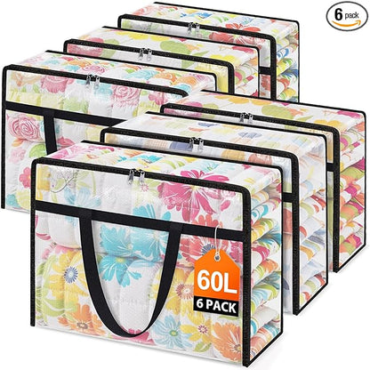 EdenDwell Clear Under Bed Storage Containers - 6 Pack Large Capacity Clothes Storage Bags with Lid & Sturdy Handles, Foldable Moving Bags, Clothing Organizer Totes for Bedding, Comforter, Sheet（60 L）