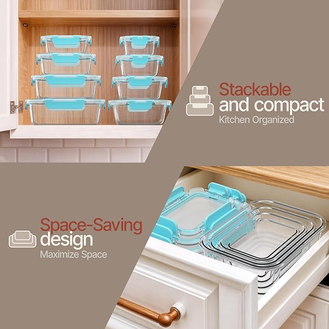 Bakken Borosilicate Glass Food Storage Containers with Lids 16 Pieces, BPA-Free Stackable Lunch & Leftover Containers, Microwave, Freezer & Dishwasher Safe, 100% Airtight Leak-Proof, Aqua