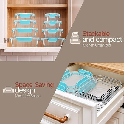 Bakken Borosilicate Glass Food Storage Containers with Lids 16 Pieces, BPA-Free Stackable Lunch & Leftover Containers, Microwave, Freezer & Dishwasher Safe, 100% Airtight Leak-Proof, Aqua