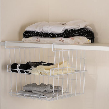 Lonians 2-Pack Under Shelf Hanging Storage Baskets - Metal Wire Rack Organizer for Kitchen, Pantry, Cabinet, Bathroom, Desk - Space Saving Shelf Extender (White, Large)