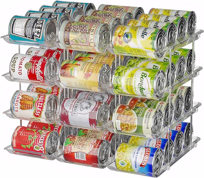 cjc Can Organizer for Pantry, Can Organizer for Fridge, Holds 48 Cans Clear Stackable, Soda Pantry Organizers and Storage Auto-Rolling & Free Combination for Countertop Kitchen Cabinet 3 Sets 4 Tiers