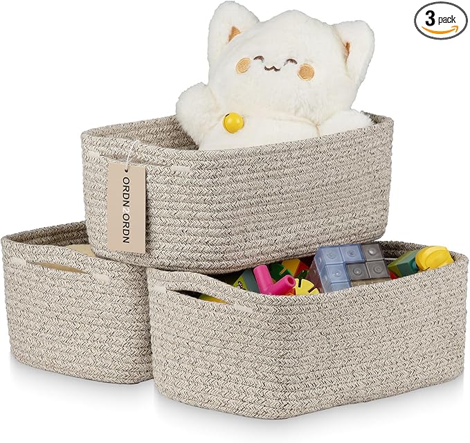 Small Storage Baskets for Organizing, Woven Storage Bins for Shelves, Gift Basket Empty, Cute Decorative Closet Organizer, Baby Rope Basket, Dog Toy Storage, 11x7.5x4.5”, 3Packs Mixed Brown