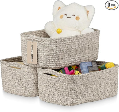 Small Storage Baskets for Organizing, Woven Storage Bins for Shelves, Gift Basket Empty, Cute Decorative Closet Organizer, Baby Rope Basket, Dog Toy Storage, 11x7.5x4.5”, 3Packs Mixed Brown