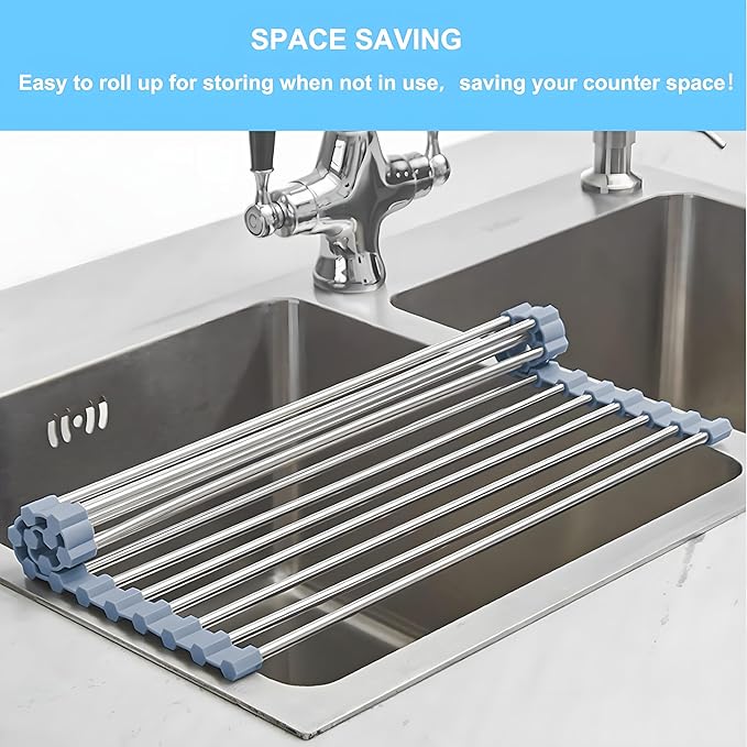 Roll up Dish Drying Rack Over The Sink Kitchen Roll up Sink Drying Rack Portable Dish Drainer Foldable Dish Drying Rack (Grey, 37 * 23.5CM)