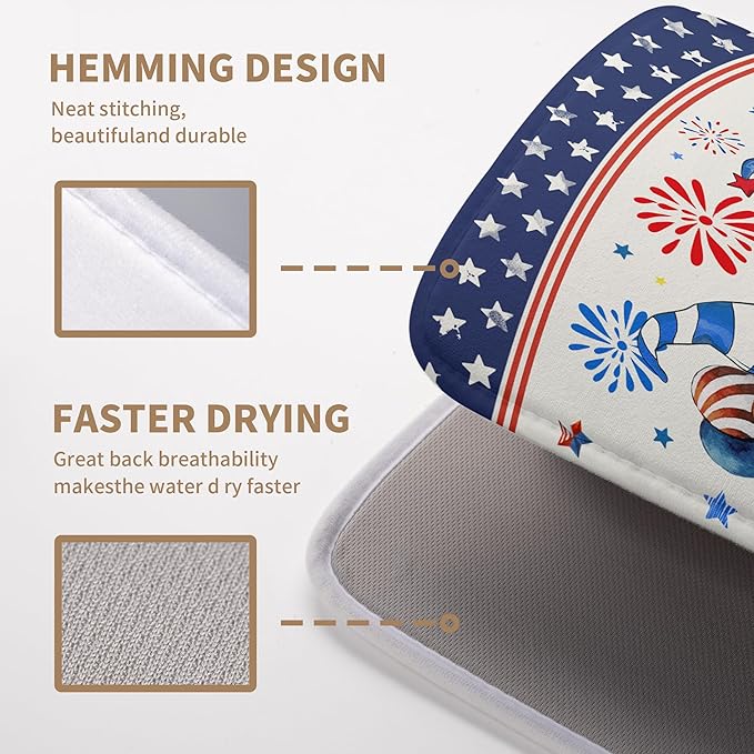 Wnoesat 4th of July Dish Drying Mats for Kitchen Counter 18x24 In Memorial Independence Day Patriotic Gnome Stars Microfiber Drying Mat Fourth of July USA Super Absorbent Dish Rack Mat Drying Pad