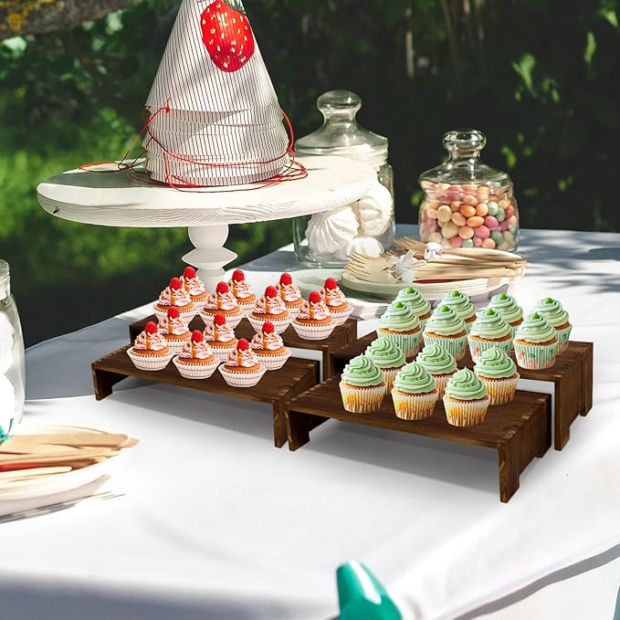 4Pcs Large Display Riser Wood Risers Cupcake Display Stand 2 Tier Racks Rectangular, 2 Set Perfume Decorative Display Dessert Stands for Vendors Event (Large/2Pack Brown)