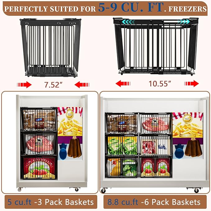 ANJUBAN Large Freezer Organizer Bins，Upgraded Bottom Leak-Proof net，Fit 5 to 9 Cu Ft Chest Freezer，5 Pack， Expandable Stackable Chest Freezer Containers with Handle (Black-5P)