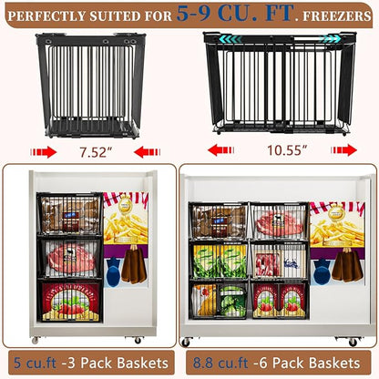 ANJUBAN Large Freezer Organizer Bins，Upgraded Bottom Leak-Proof net，Fit 5 to 9 Cu Ft Chest Freezer，5 Pack， Expandable Stackable Chest Freezer Containers with Handle (Black-5P)