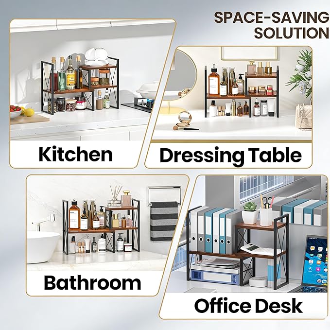 Desktop Shelf Organizer,Small Bookshelf for Office,Wood Desk Top Shelves, Office Organization and Storage (Brown)