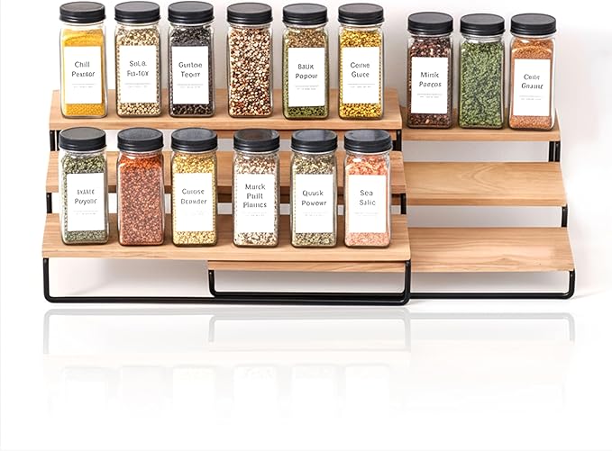 LIBKEN Tiered Spice Rack Organizer – Wood & Metal Countertop & Cabinet Spice Stand, Strong & Sturdy 3-Tier Shelf for Kitchen, Pantry, Seasoning Bottles – Minimal Scandinavian Design - Wood Brown