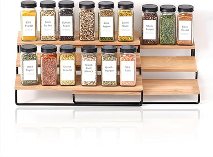 LIBKEN Tiered Spice Rack Organizer – Wood & Metal Countertop & Cabinet Spice Stand, Strong & Sturdy 3-Tier Shelf for Kitchen, Pantry, Seasoning Bottles – Minimal Scandinavian Design - Wood Brown
