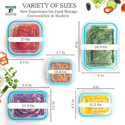 Moss & Stone 10-Piece Borosilicate Glass Meal Prep Containers – 100% Leak-Proof Snap-Lock Lids, Airtight & BPA-Free – Freezer, Microwave & Oven Safe (Glass Only) – Stackable/Nestable Food Storage Set