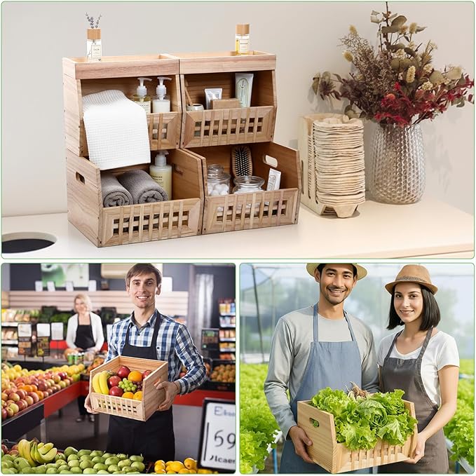 6 Pack Wood Pantry Storage Bins 4 Wooden Storage Bins with 2 Wooden Tray Lids Multipurpose Open Front Stackable Organization Set for Kitchen or Pantry and Fruits Vegetables, Potato & Onion