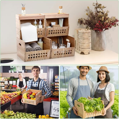 6 Pack Wood Pantry Storage Bins 4 Wooden Storage Bins with 2 Wooden Tray Lids Multipurpose Open Front Stackable Organization Set for Kitchen or Pantry and Fruits Vegetables, Potato & Onion