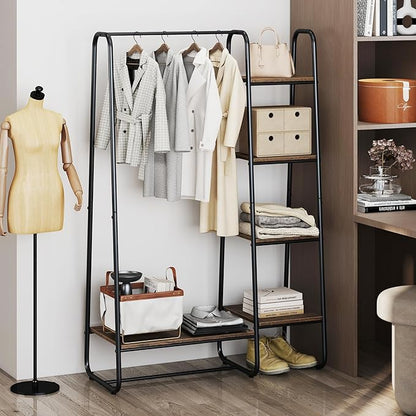 COSTWAY Clothes Rack with Shelves, Heavy Duty Garment Rack with Hanging Rod, 5-tier Shelves, Adjustable Foot Pads, Closet Organizer, Freestanding Wardrobe Clothing Racks for Hanging Clothes (Black)