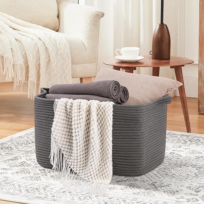 Large Toy Basket, Rectangle Woven Rope Storage Basket for Blankets, Dirty Clothes, Shoes, Nursery Organizer Bins (Dark Grey)