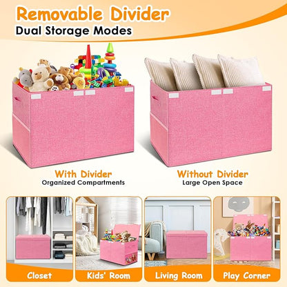 Large Toy Storage Box with Lid Upgraded Toy Chest Organizer with Removable PP Divider Foldable Toy Bin for Kids Boys Girls Linen Fabric Toy Box for Playroom Nursery Bedroom (25"x13"x16")