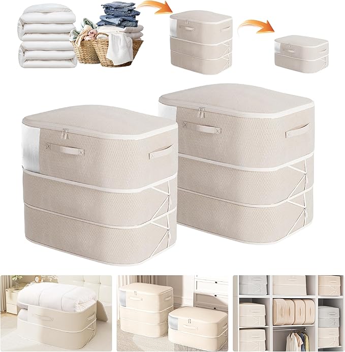 Compression Storage Bags for Bedding 136L*2PCS Ultra Space Saving Self Compression Organizer with Transparent Window Used for Storing Comfortable Blankets,Bedding,Pillows,Clothes Oatmeal 21x16x23 in