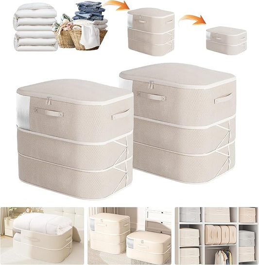 Compression Storage Bags for Bedding 136L*2PCS Ultra Space Saving Self Compression Organizer with Transparent Window Used for Storing Comfortable Blankets,Bedding,Pillows,Clothes Oatmeal 21x16x23 in