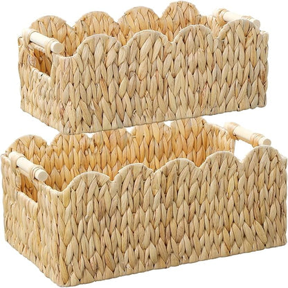 Scalloped Edge Wicker Basket,Hand-Woven Rattan Baskets with Wooden Handles,Natural Water Hyacinth Basket for Laundry,Shelves,Rectangular Set of 2