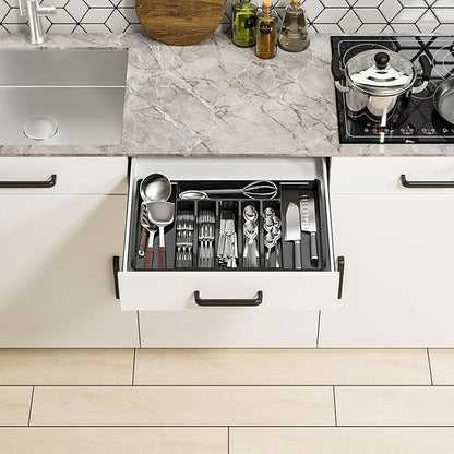 Silverware Drawer Organizer, Expandable Utensil Tray for Kitchen Drawers, BPA Free Flatware and Cutlery Holder, Adjustable Plastic Storage for Utensil like Spoons, Forks, Knives.Black